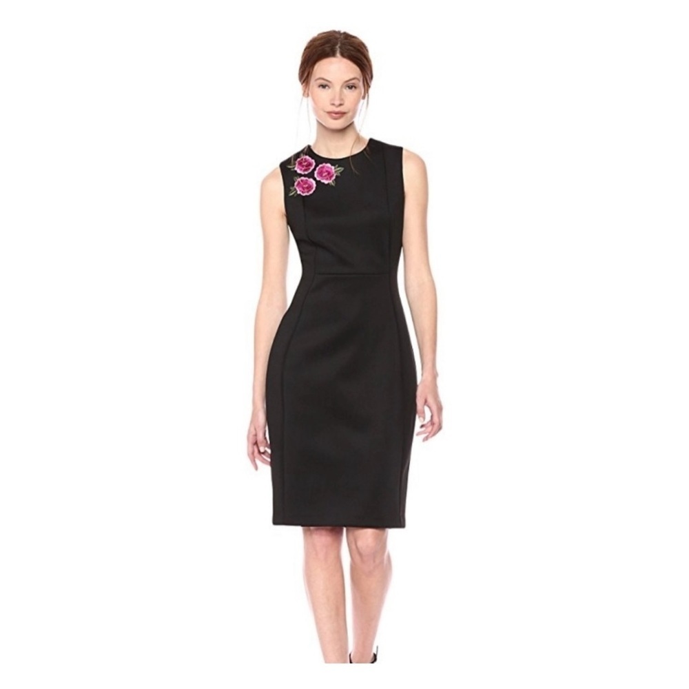 Calvin Klein Embroidered Floral Scuba Sheath Black Midi Dress Size 6